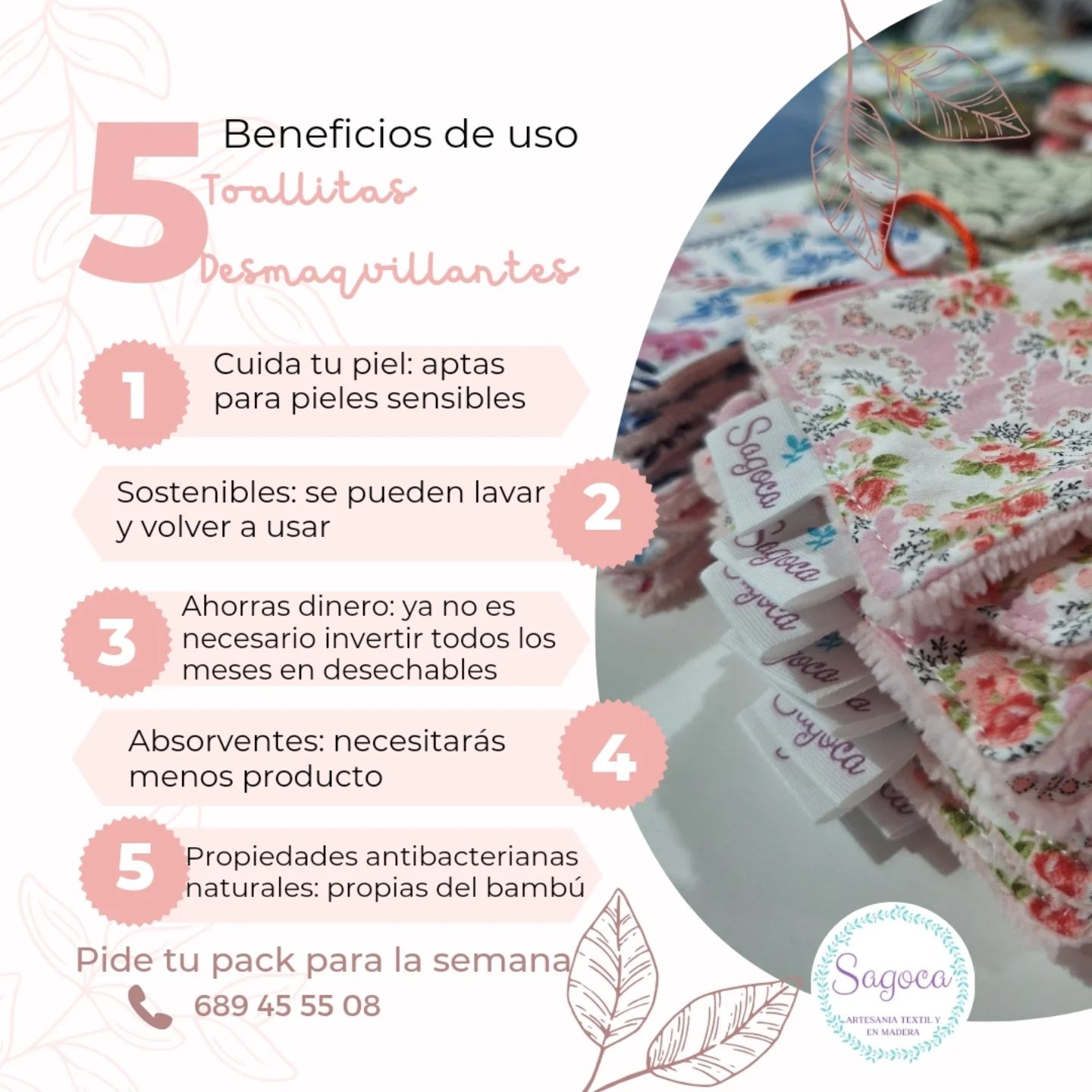 5 BENEFICIOS TOALLITAS DESMAQUILLANTES Las Toallitas de bambú son una pasada, por eso van a convertirse en tus nuevas mejores amigas para desmaquillarte. Son tan suaves que parece que te acarician mientras te limpian la cara. Y lo mejor es que las usas, las lavas y como nuevas otra vez.Voy a darte 5 beneficios para llevártelas estas navidades como regalos  🪷Cuidado para pieles sensibles: El tejido de bambú es hipoalergénico y extremadamente suave, ideal para pieles delicadas o propensas a irritaciones.️Sostenibilidad: Son reutilizables y están fabricadas con un material ecológico, lo que reduce el uso de desechables y contribuye al cuidado del medio ambiente.Ahorro a largo plazo: Al ser lavables, evitas el gasto recurrente en toallitas desechables o discos de algodón.🧽 Absorción eficiente: Las fibras de bambú tienen una gran capacidad de absorción, facilitando la limpieza del maquillaje sin esfuerzo y con menos producto desmaquillante.🦠 Propiedades antibacterianas naturales: El bambú tiene propiedades antimicrobianas, lo que ayuda a mantener tus toallitas frescas y seguras para su uso repetido.Una vez las pruebas, no hay vuelta atrás. ¡Piel cuidada, planeta feliz y tú encantada! ¿Te animas?Pedidos: 24/7 🕢 689 45 55 08 Escribe wasa  a la hora que mejor te venga, SIN restricciones  de HORARIOS