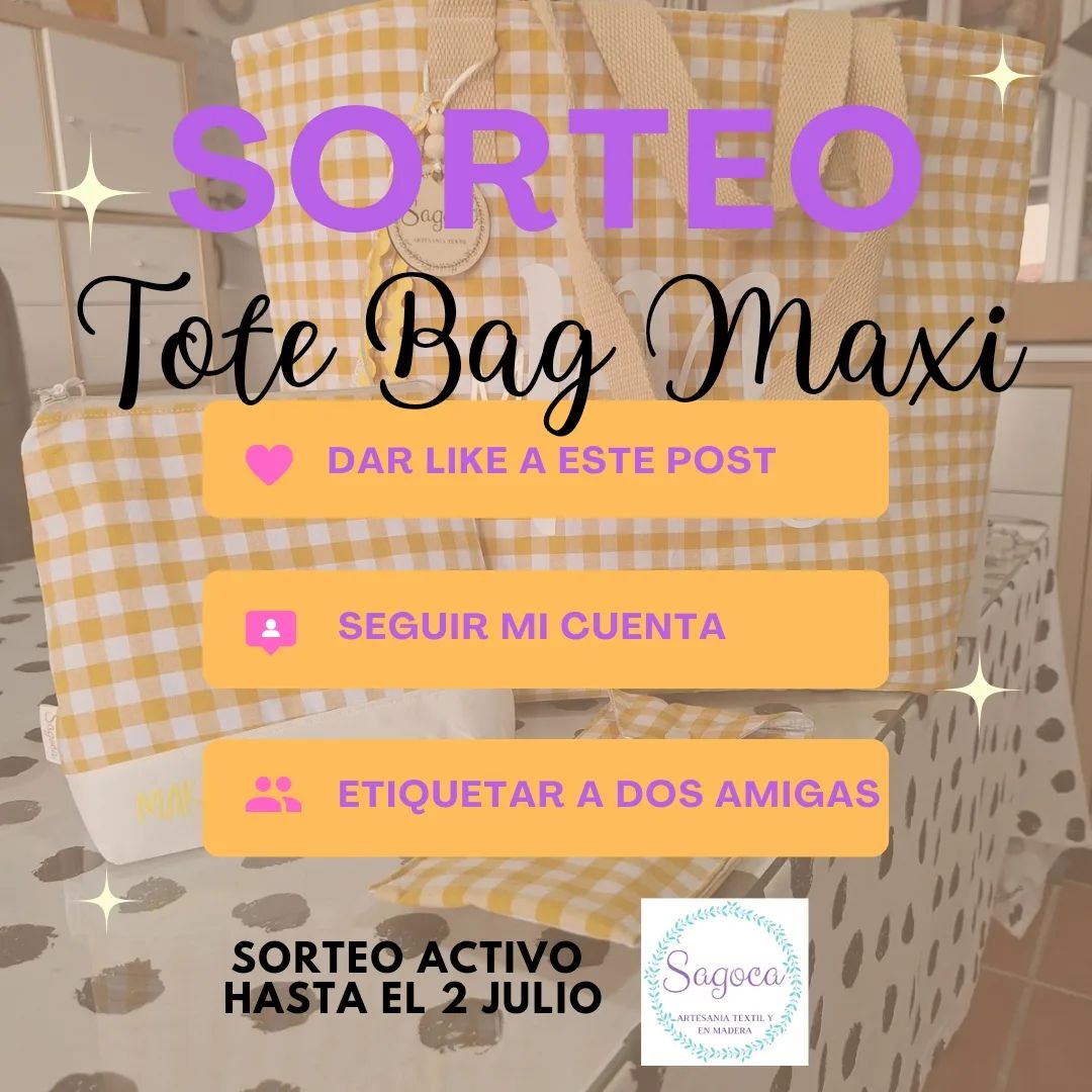 SORTEO

¿Quieres llevarte una Tote Bag Maxi? 

Lo prometido es deuda y os dije que haría un sorteo además del descuento del 10% en tu primera compra, que aún tenéis activo durante el mes de junio. 

He pensado en ofreceros el artículo por excelencia, el más solicitado estos últimos meses, por eso la ganadora podrá elegir entre el stock disponible, la Tote Bag Maxi que quiere lucir este veranito 

 Y qué tenéis que hacer??? Pues lo de siempre, seguir estos pasos 

Dale me gusta a la publicación del sorteo

Seguir mi cuenta @sagoca_saraartesaniatextil 

 Etiqueta a dos amigas que creas que les puedan interesar el sorteo (puedes hacerlo tantas veces como quieras, pero no vale utilizar cuentas falsas o de famosos)

Comparte en historias durante 24h (etiquétame para que pueda verlo)

CONDICIONES: 

El sorteo es exclusivo en Instagram

Válido en España, península 

Estará activo hasta el 2 de julio 2024 a las 23:59!!!

Haré el sorteo el día 3 julio y lo publicaré etiquetando a la persona por historias

Debéis cumplir todos los requisitos que os he marcado anteriormente. 

SUERTE